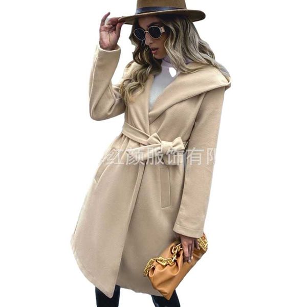 

women's wool & blends womens fashion sashes overcoat ol style hooded pockets casual female long outerwear jacket 2021 autumn winter coa, Black