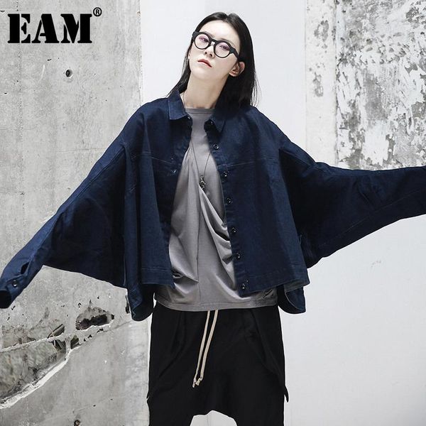 

[eam] loose fit blue denim big size short jacket lapel long batwing sleeve women coat fashion spring autumn 2021 jr48717 women's jacket, Black;brown