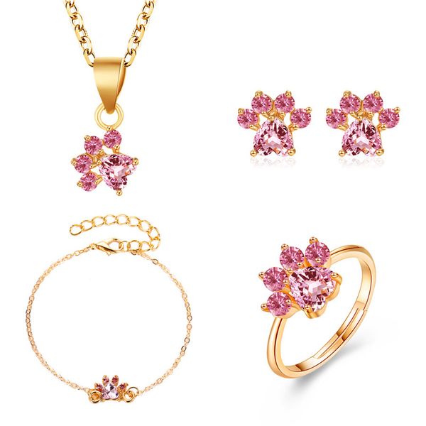 Set di gioielli con artiglio di gatto con zampa d'orso per donne Anelli in oro rosa Orecchini a bottone Collana Bracciale Matrimonio Regali d'amore in cristallo rosa