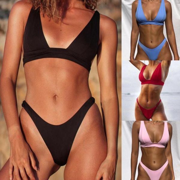 

one-piece suits stylish bikini set solid color push up brassiere two pieces swimwear women deep v neck bra briefs for summer