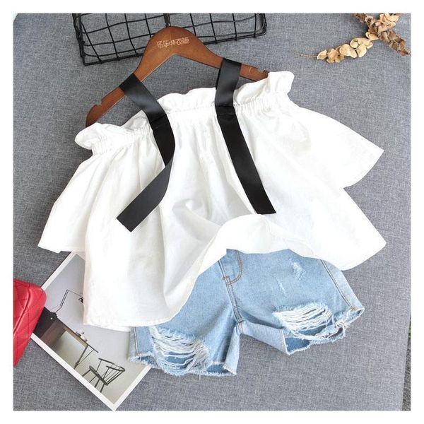 

girls blouses kids summer half sleeve white strap shirts baby girl casual clothes for 2-6 years, White;black
