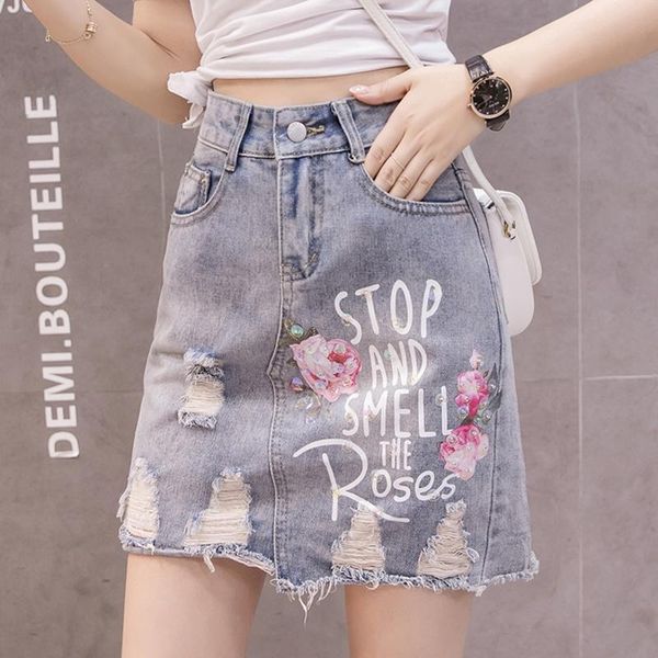 

summer korean women denim mini skirts high waist package hip pocket fashion hole beading print letter skirt cotton 2021 b05804, Black