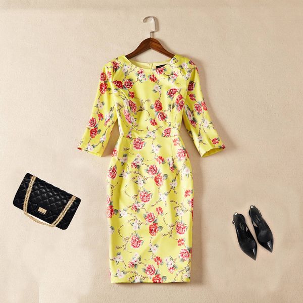 

dress spring summer fashion pencil women beautiful flower print 3/4 sleeve bodycon knee-length yellow dress, Black;gray