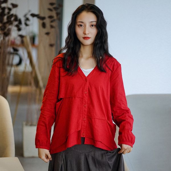 

johnature women irregular shirts patchwork blouses spring v-neck long sleeve button mori girl sweet shirts and 210521, White