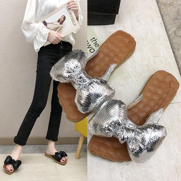 

slippers butterfly-knot bling fashion beach flat slides women outside solid novelty punk casual summer ladies shoes, Black