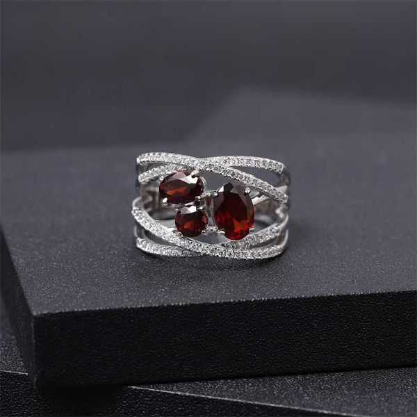 Gem's Bale 925 Ayar Gümüş Criss-Cross Taş Yüzük 1.87CT Doğal Kırmızı Garnet Parmak Yüzük Kadınlar Için Düğün Güzel Takı 211217