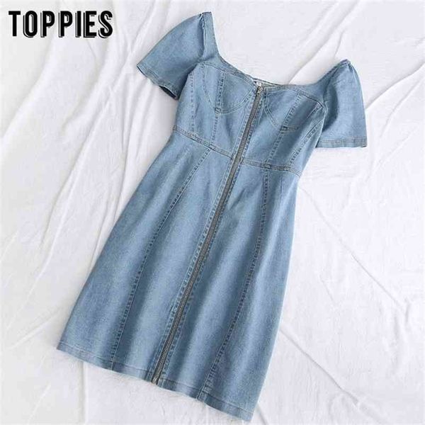 

summer slim bodycon denim dress front zipper v-neck women mini chic party clothes 210421, Black;gray