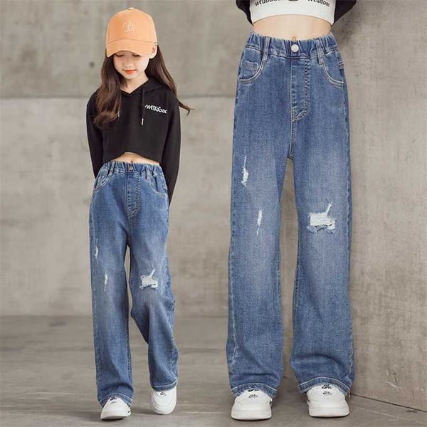 Ankunft Mädchen Jeans Breite Bein Hosen Gerade Baumwolle Kinder Lose Zerrissene Denim Hosen Mode Kind Große Kleidung 211102