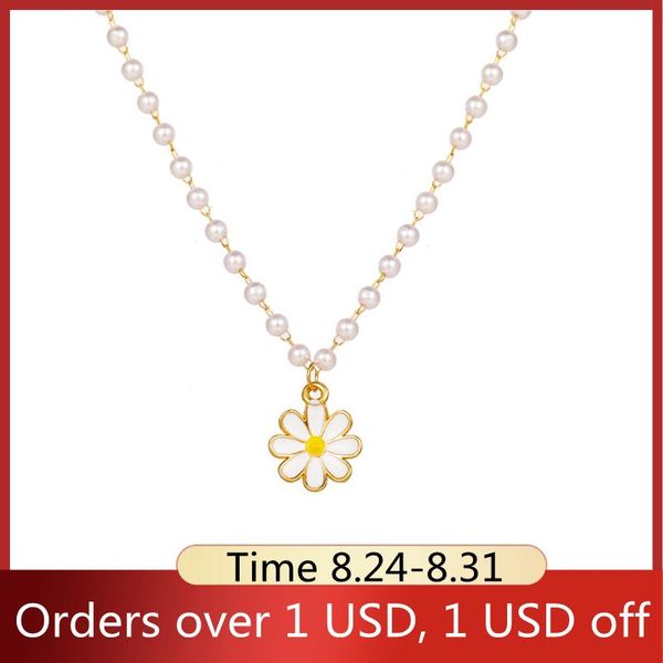 

chains cute pearl chain sunflower pendant necklaces for anniversary wedding korean ins daisy floral charm necklace charming jewerly, Silver