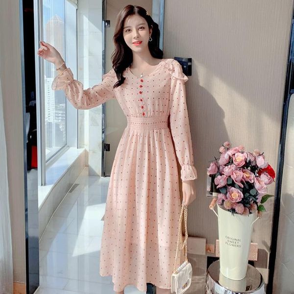 

casual dresses 2021 spring midi dress women elegant korean long sleeve a-line dot point french fashion female vestidos, Black;gray
