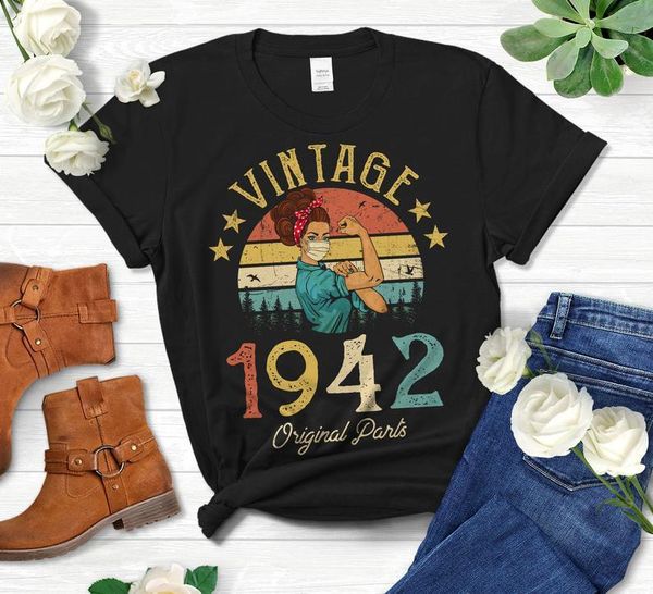 

women's t-shirt vintage 1942 original parts retro with mask quarantine edition funny 79th birthday gift short sleeve tees o neck female, White