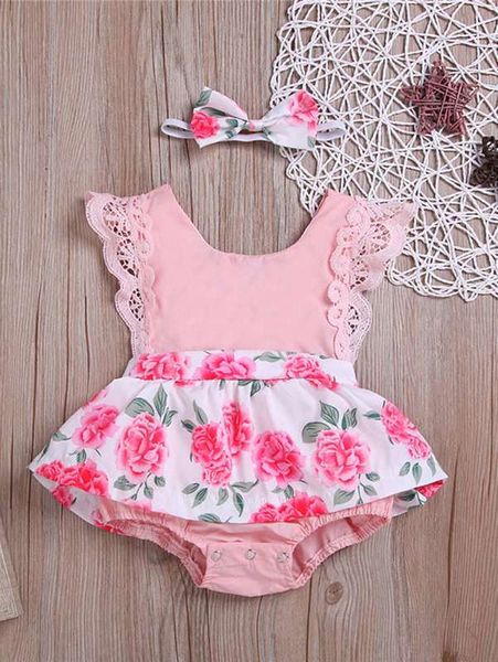 

baby girl floral lace trim combo bodysuit dress with headband she, Red;yellow