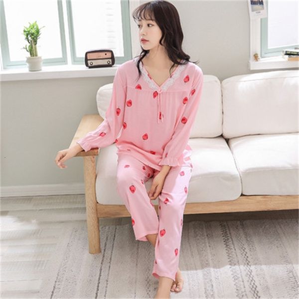 

women's sleepwear large size loose sleepwear women pajamas set long sleeve cotton nightwear casual home clothes v-neck long pant two pi, Black;red