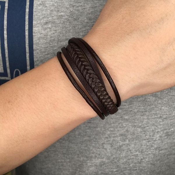 

cuff 2021 316l stainless steel male bracelets black wide braided leather rope with magnet buckle trendy e506, White