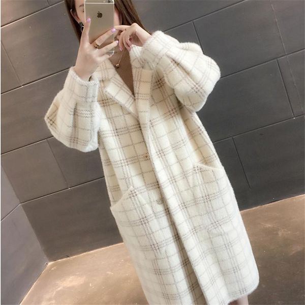 

women's wool & blends autumn winter plaid faux mink cashmere woolen coat women casual big pocket turn-down collar jacket coats female l, Black