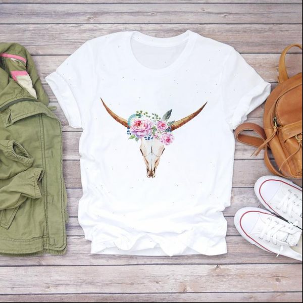 

womens t shirt women heifer floral cute aesthetic cartoon print clothing summer shirts graphic female ladies tee, White
