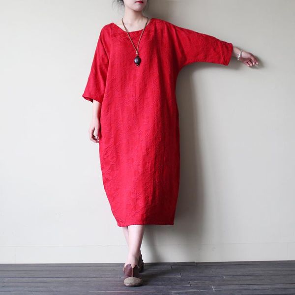 

casual dresses women 2021 spring three quarter sleeve jacquard flower dress robes loose split gown floral chinese style ladies retro, Black;gray