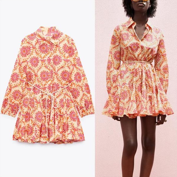 

za blue print belt shirt women dresses elegant long sleeve summer mini female fashion flounced hem vestidos, Black;gray