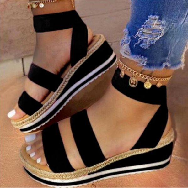 

sandals summer casual women wedges heels platform shoes ladies candy color slippers slip on strap cross plus size, Black