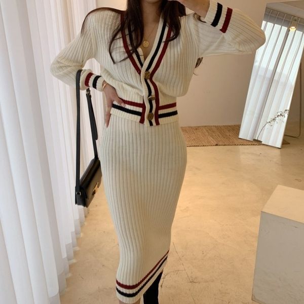 

elegant suit v-neck single-breasted stripe knitted sweater coat + high waist bodycon skirt autumn winter 2 piece set 210407, White