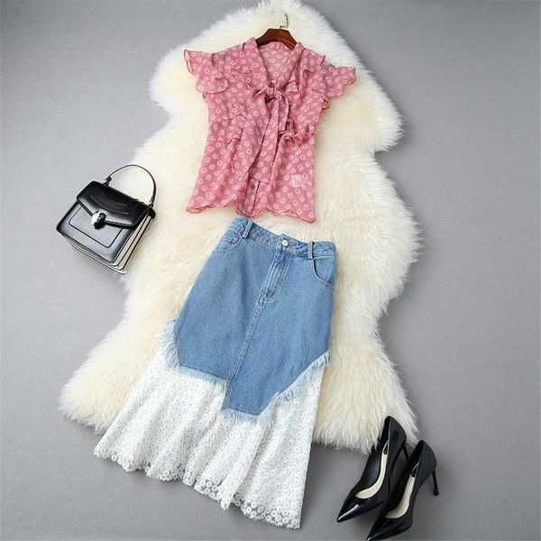 

summer runway suit skirt 2 piece set women fashion designer outfits print chiffon blouse and embroidery denim two dress, White