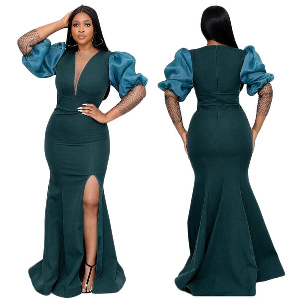 

dress womens autumn solid color v-neck elegant puff sleeve long slit dress dress, Black;pink