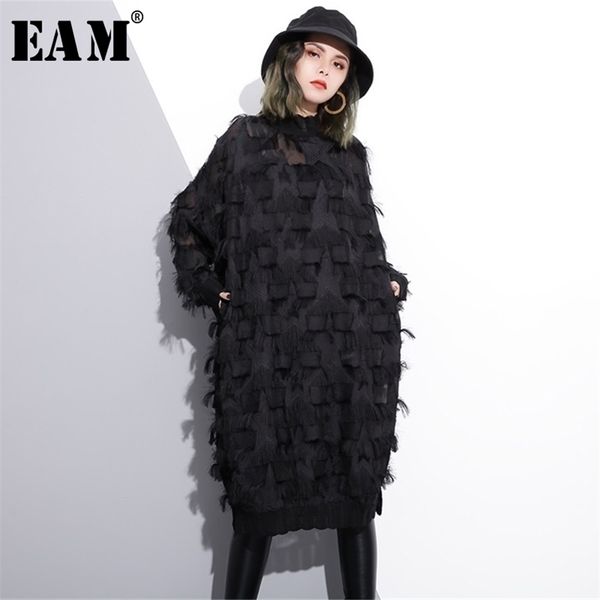 

[eam] 2022 spring autumn stand collar long sleeve perspective black loose tassels big size dres fashion ji780 211217, Black;gray