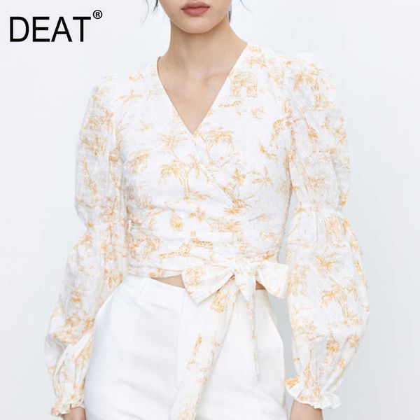 

[deat] summer fashion thin printing v-neck long sleeve bow loose temperament elegant women shirt 13q323 210527, White
