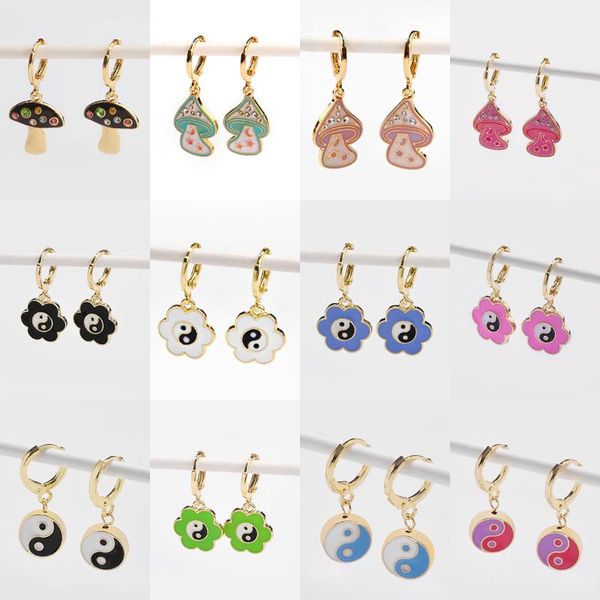 

dangle & chandelier trendy colorful enamel mushroom earrings for women tai chi gossip round flower shape yin yang drop statement bijoux, Silver