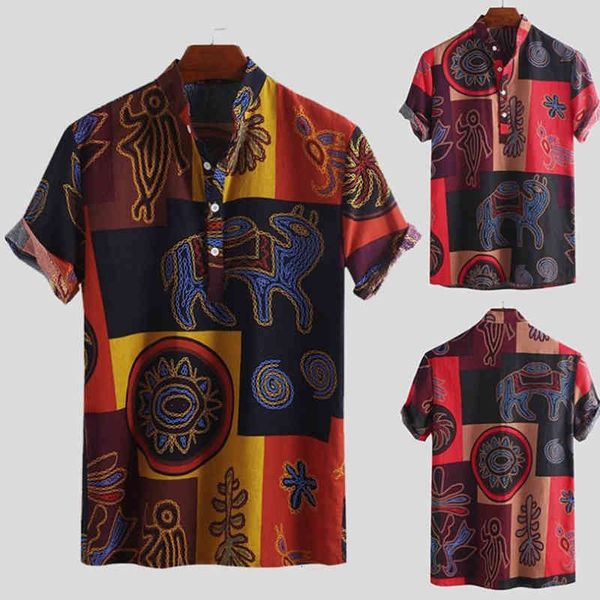 

men's casual shirts printing cotton hawaiian shirt loose short sleeve stand collar breathable ethnic style vintage fiid, White;black