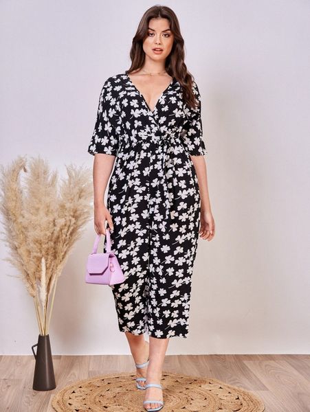 

plus allover floral print surplice neck belted jumpsuit y80w#, Black