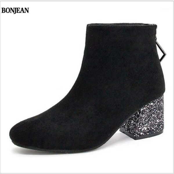 

boots short women's 2021 shoes sequins thick suede were thin female winter stretch wom1, Black