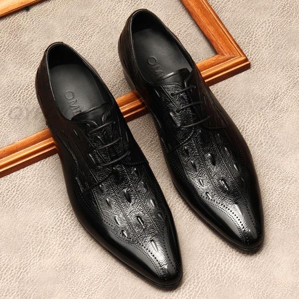 

black brown men genuine leather oxford shoes pointed toe lace-up oxfords dress brogues wedding business italian shoes men