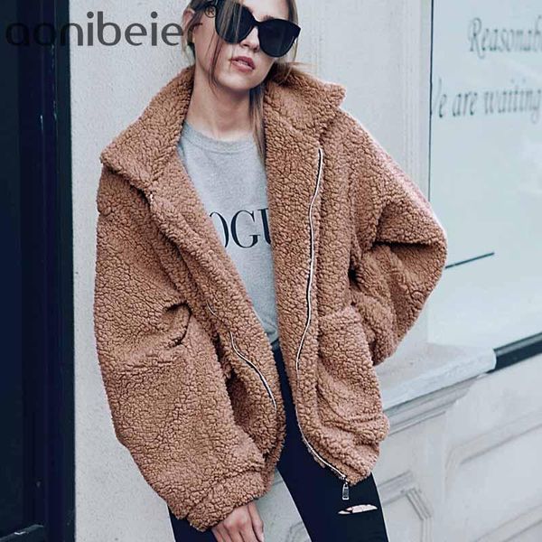 

women's fur & faux aonibeier plus size winter coat women fashion fluffy warm plush cardigan zipper long sleeve turndown loose outwear x, Black
