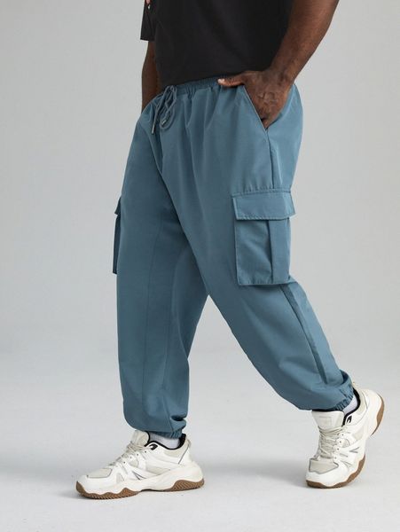 

extended sizes drawstring waist flap pocket pants u9se#, Black