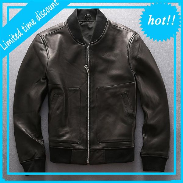 

men's leather & faux avirex sheepskin black jacket genuine spring autumn vintage baseball motorcycle rider coat