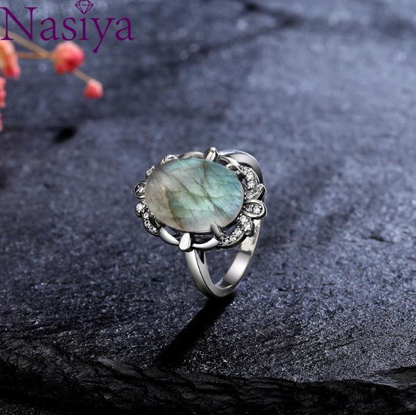 

cluster rings nasiya natural lapis lazuli ring 925 silver for women vintage 10*14mm moonstone labradorite party jewelry gifts wholesale, Golden;silver