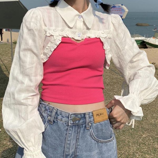 

women's tanks & camis girls show their umbilicus and wear short . summer design sense. minority thin sunscreen blouse. long sleeved, White