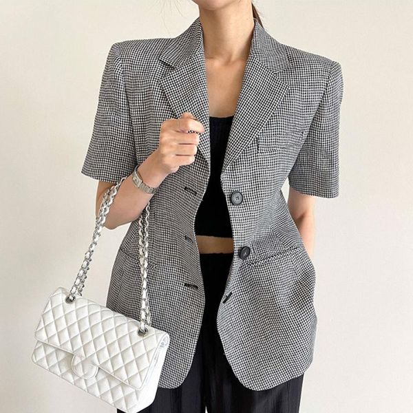 

women's suits & blazers korean chic retro button up casual plaid women office ladies loose short sleeve hipster summer ropa de mujer, White;black