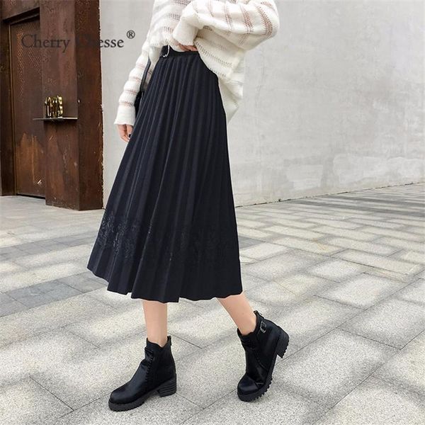 

skirts cherry chesse harajuku women skirt patchwork belt empire pleated female autumn winter casual vintage, Black