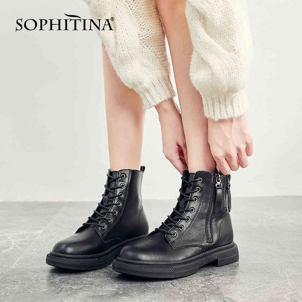 

sophitina punky style white ankle martin boots woman zipper genuine leather round toe flat warm short boots lady shoe po845 210513, Black