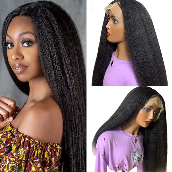 

kinky straight black synthetic lace front wig for black women natural hairline with baby hair heat temperature, Black;brown