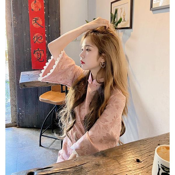 

ethnic clothing improved pink cheongsam, female, young, inverted large sleeves, suede, advanced texture, dress in autumn 2021, Red
