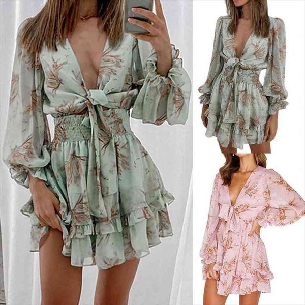 

women spring v neck chiffon print dress self-tie knot front ruffles dress female short a line party vestidos nbsp, Black;gray