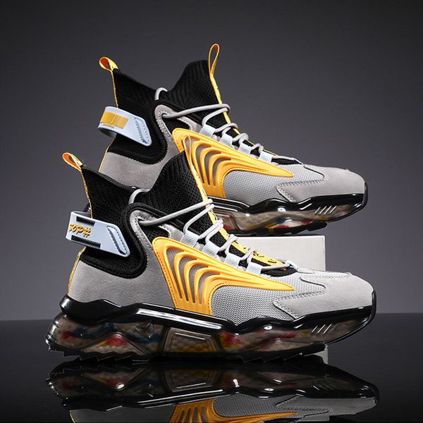 2021 calzini alti scarpe da corsa giallo grigio scarpa casual di grandi dimensioni con superficie traspirante versione coreana moda maschile popcorn suola morbida sportiva da viaggio sneaker da uomo 39-46