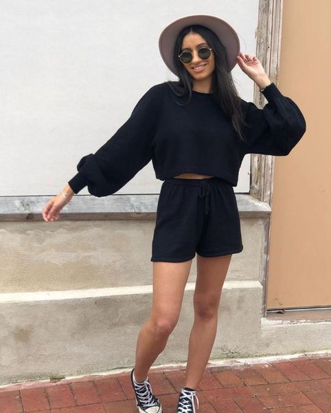 

women's tracksuits women fashion long sleeve knit pullover sweater and shorts suit round collar solid color loose elastic casual clothe, Gray