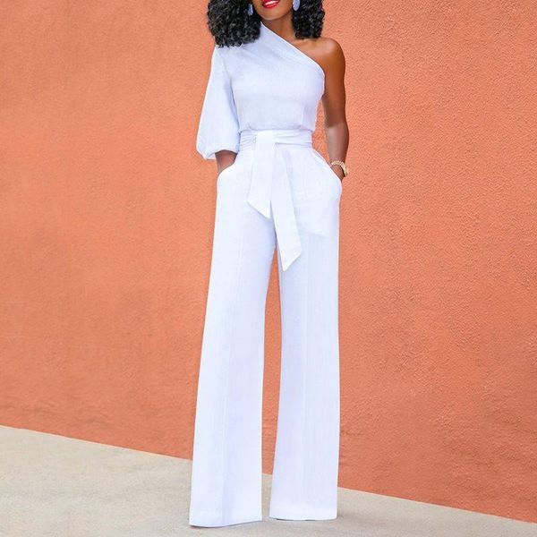 

women's jumpsuits & rompers women jumpsuit one shoulder with sashes pockets officewear romper combinaison fashion female for elegant la, Black;white