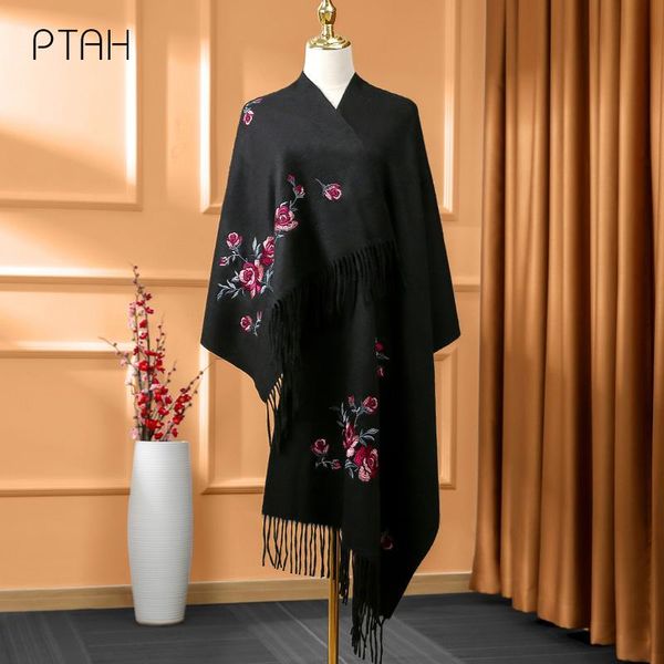

scarves [ptah] wool for women thicker cashmere shawl wrap warmer softer comfortable winter temperament embroidery scarf 200*60cm, Blue;gray