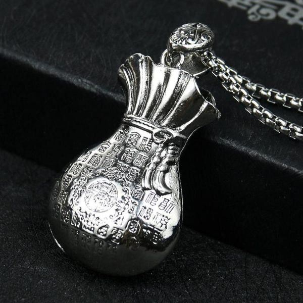 

retro lucky bag fu wallet pendant for men punk rock stainless steel clear stones necklace jewelry gift necklaces, Silver