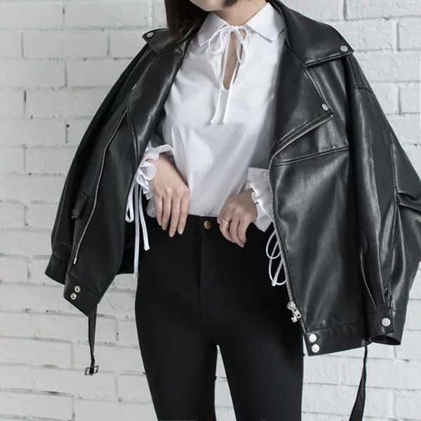 

women's leather & faux women jacket fashion loose belt black pu turn-down collar zipper england korea street lady coat casual outerwear